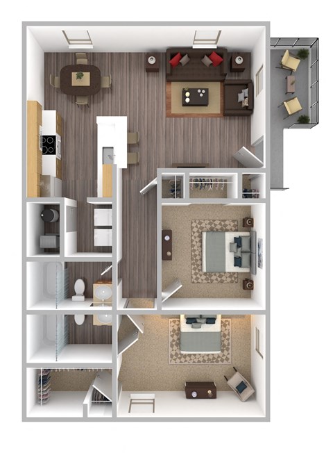 a stylized floor plan with a bedroom and a bathroom